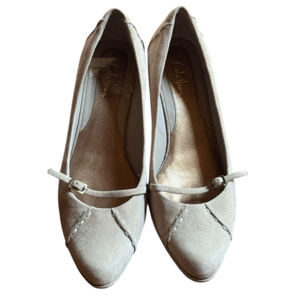 Cole Haan putty color brushed suede Trina Mary Jane wedges Size 8.5